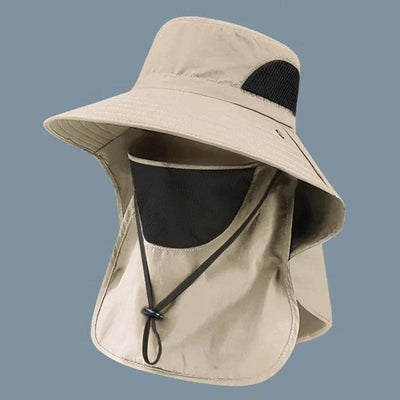 Beige sun hat with mesh vent and drawstring neck flap