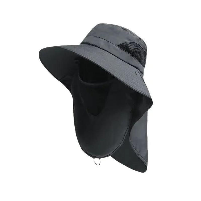 Gray wide-brim sun hat with neck and face flap