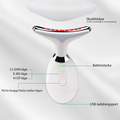 Labeled diagram showing device battery, mode buttons and charging port