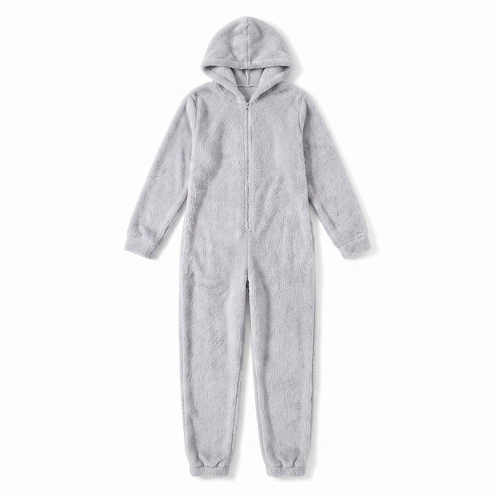 Light gray fleece hooded onesie jumpsuit flat lay on white background