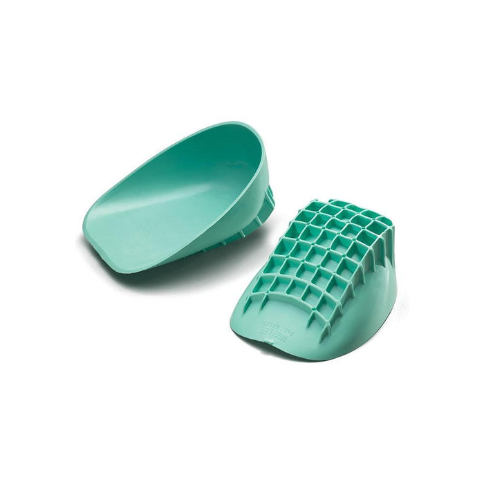 Pair of teal silicone heel cups on white background