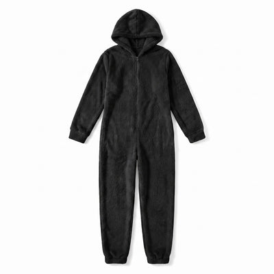 Black plush fleece zip-up hooded jumpsuit flat lay