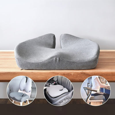 Seat cushion on wooden table showing three usage contexts