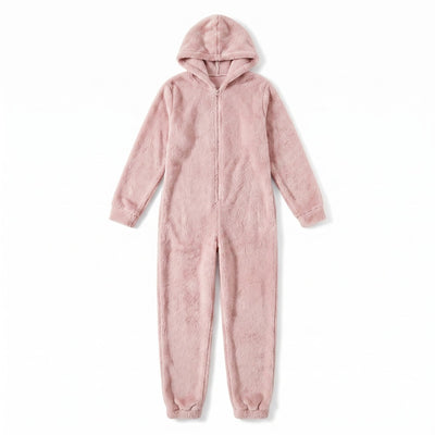 Pink soft fleece hooded one-piece onesie flat lay